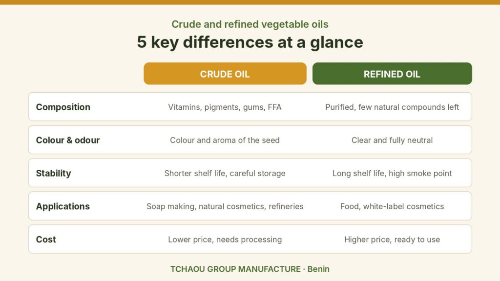 Crude and refined vegetable oils compared: composition, colour, stability, applications and cost